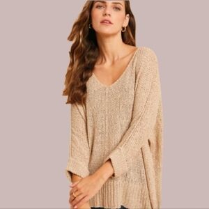Free people day to day oversized textured v neck sweater peach pink medium